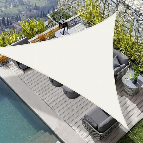 Voile d'ombrage triangulaire imperméable blanc cassé 3x3x3 mètres, toile pare-soleil PES anti-ultraviolet, adaptée aux jardins extérieurs, terrasses et balcons. (1/5)
