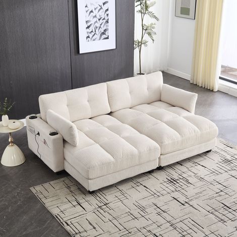 Canapé modulable XL 2 places en velours côtelé avec porte-gobelets, poches latérales, USB et prise électrique Beige pour salon, 224 x 140 x 81 cm