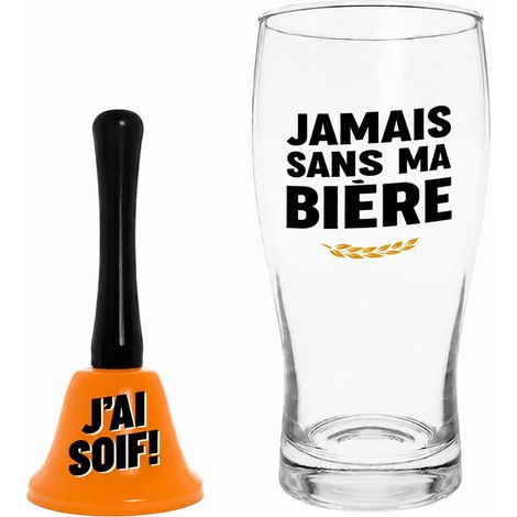 Coffret verre à bière 50 cl et clochette humoristique