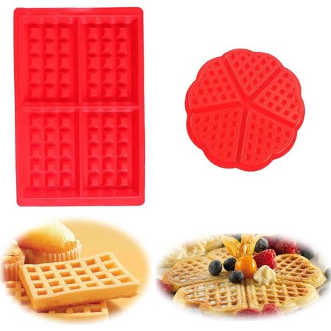 Un set di 4 stampi in silicone rossi, a forma di cuore e rettangolo, per waffle, torta, cubetto di ghiaccio, cioccolato e caramella. (1/5)
