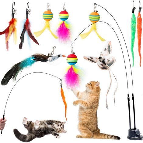 11 Pièces Jouet Chat Interactif, Interieur Jouets pour Chats avec Ventouse, 2 Canne à Pêche pour Chaton, Oiseaux à Clochettes Plume Jouet Chaton, Jouets Intelligence Chat Baguette (1/5)