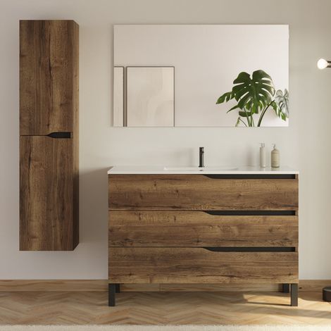 Meuble de salle de bain 120cm avec simple vasque - 3 tiroirs et colonne de rangement - tabaco (chêne foncé) - MATA (1/5)