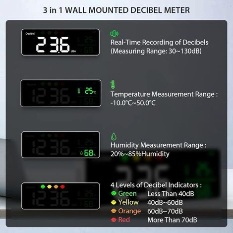 Sonomètre professionnel 30-130 dB avec affichage LCD, mesure température et humidité, alarme et câble USB