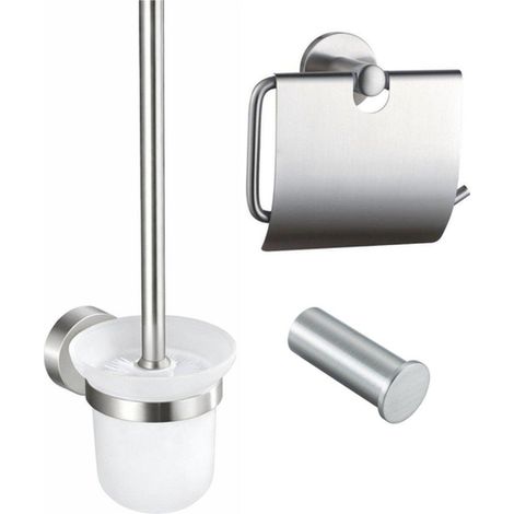 Fortifura Calvi Pack WC 3 pièces - porte-rouleau avec couvercle - brosse de toilette - crochet à serviette simple rond - Inox brossé PVD