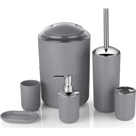 Modernes graues Badezimmer-Accessoire-Set, 6-teilig, Lotionflaschen, Seifenschale.