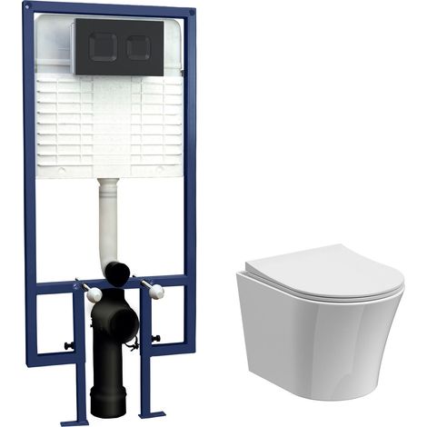 Baswich Contemporary Round Wall Hung Toilet Pan and Seat with Concealed Cistern and Flush Plate with Round Buttons - White/Black