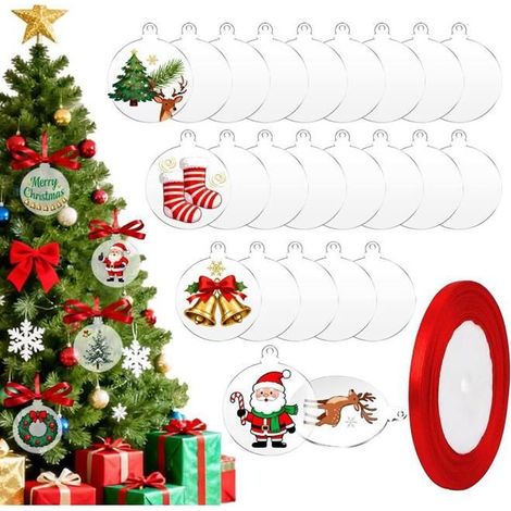 24 transparente Acryl-Weihnachtskugeln mit Schleife, flache Kugeln, transparente Acryl-Discs für Partydekoration