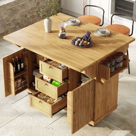 Îlot de cuisine sur roulettes, chariot de service avec table pliante, chariot de cuisine avec tiroirs et partition, brun naturel (1/5)