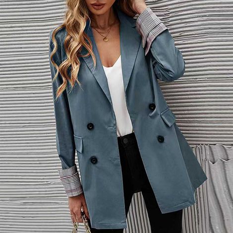 Veste de tailleur à revers boutonné, couleur unie, poches, carreaux, poignets roulés, manches longues, bleu paon, taille XL (1/3)