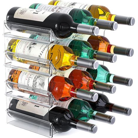 Lot de 4 Rangement bouteille, 12 compartiments, empilable, autoportant, plastique PET transparent, cuisine garde-manger réfrigérateur (1/5)