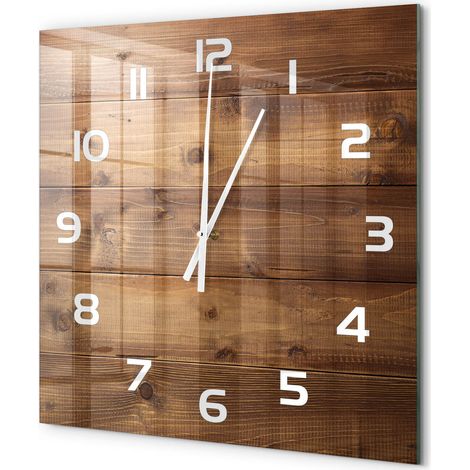 Grande Horloge Murale Carrée Sans Cadre en Verre Trempé Silencieuse et Moderne Arrière-plan en bois 60x60 cm (1/5)