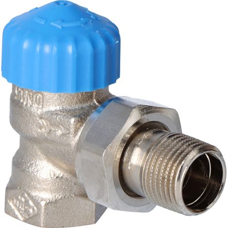 Valvola termostatica ad angolo DN15, nichelata, con resistenza particolarmente bassa, tappo blu, kvs 2,50, senza preregolazione (1/5)