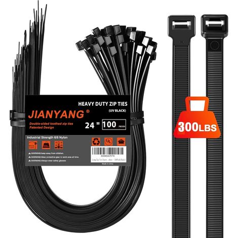Lange Kabelbinder - Extra stark - 61 cm - Zugfestigkeit 136 kg - Extra große, verstellbare Nylon-Kabelbinder (100 Stück - Schwarz) (1/5)