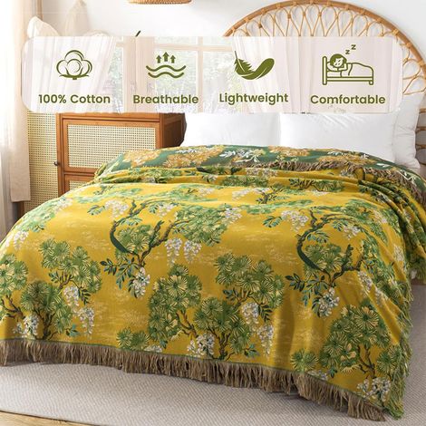 Plaid Boho 150 × 200 cm, Coton Ultra Doux Sophora à Franges, Jeté Style Bohème Floral Rustique pour Canapé et Fauteuil, 1 Pièce (1/5)