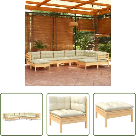 Terrassensofa - 9-tlg. Garten-Lounge-Set mit Creme Kissen Massivholz Kiefer (1/5)
