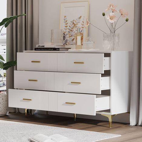 Comò in MDF bianco con 6 cassetti, frontali ondulati e piedini rialzati, 120x40x76 cm