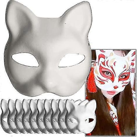 Masques en papier blanc à motif de chat, 10 pièces, masques vierges peints à la main en pâte à papier, design personnalisé, masque à peindre (1/5)