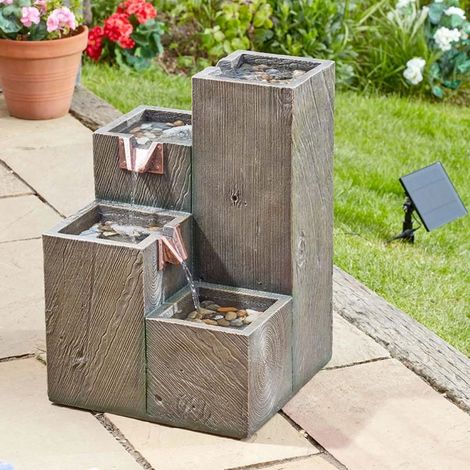 Solar Powered Water Fountain Quad Tiered Cascade Hybrid Solar Powered Garden Water Feature Resin Outdoor Patio Decor