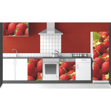 Sticker mural réfrigérateur Fraises géantes, Déco gourmande, 59,5 cm X 180 cm, Décoration cuisine fraîche et délicieuse. (1/2)