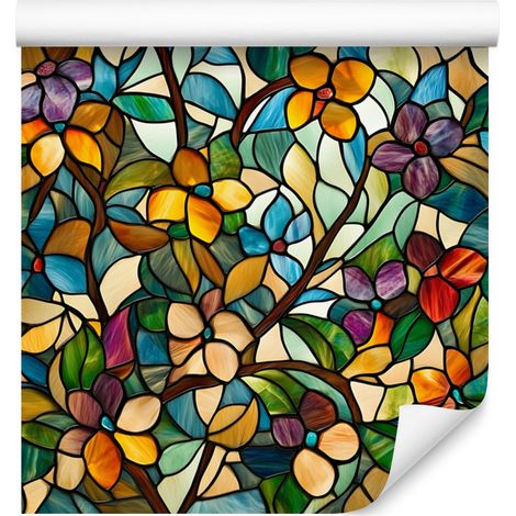Tapete „Buntglasblumen“ in Gold und Ocker für Wohn- und Schlafzimmer, 50 x 1000 cm (1/5)