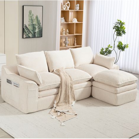 Divano modulare a 3 posti in corduroy con pouf, cuscini e tasche laterali, beige REDOM (1/5)