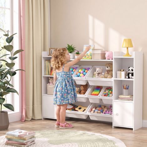 Meuble de rangement pour jouets d'enfants avec 8 bacs et placards amovibles, 140 x 30 x 90 cm (1/5)