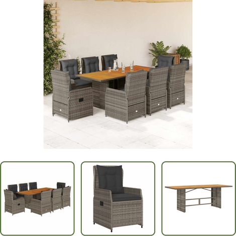 Gartentisch - 9-tlg. Garten-Essgruppe mit Kissen Grau Poly Rattan (1/5)
