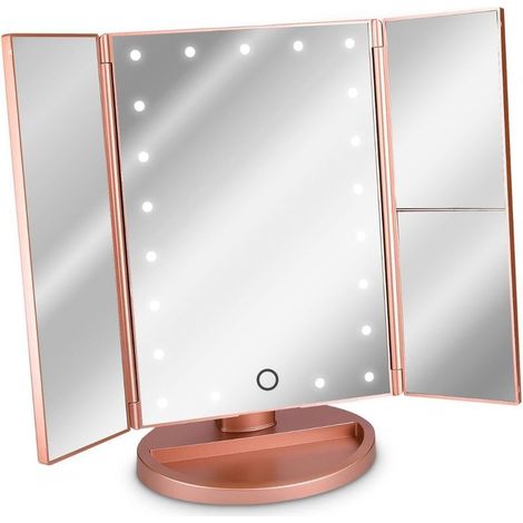 Miroir grossissant lumineux LED 3 faces – Inclinaison 180° – Zoom 2x 3x – Alimentation USB ou piles – Éclairage réglable 21 LEDs – Rose doré (1/5)