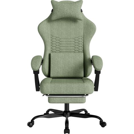 Chaise gaming en tissu avec massage et appui-tête, siège gamer style course ergonomique avec repose-pieds, vert (1/5)