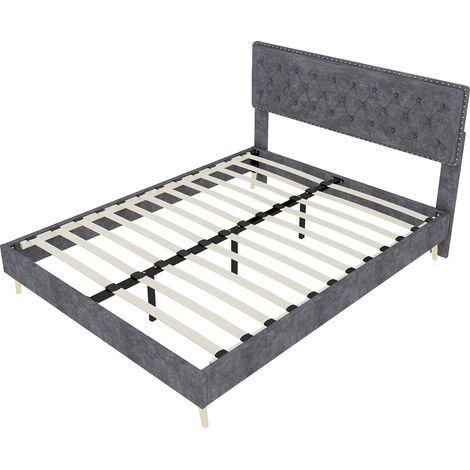 Cama tapizada 140x200 cm en terciopelo gris con cabecero alto y colchón incluido MODENUIT (1/5)