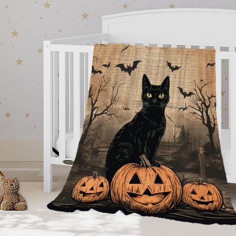Couverture polaire douce et légère à motif chat citrouille vintage pour Halloween, idéale pour décorer canapé, lit ou genoux, 100 x 130 cm. Décoration saisonnière mignonne. (1/5)