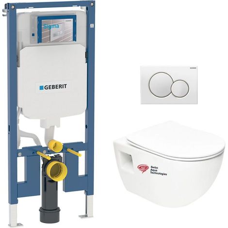 Paket Geberit Trägergestell extraflach UP720 + WC ohne Flansch SAT + Sitz SoftClose + Weiße Platte (SLIM-Project-B)