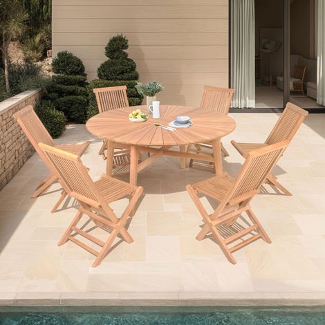 Table de jardin ronde 180 cm + 6 chaises pliantes teck - GARDENA