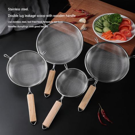 Passoire à huile à mailles fines, tamis à farine en acier inoxydable avec manche en bois, outils de cuisine à faire soi-même (1/5)