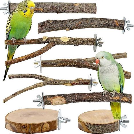 Ensemble de 8 perchoirs en bois naturel, convenant aux petits oiseaux tels que les perruches et les perroquets. (1/5)