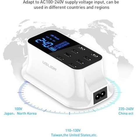 Chargeur USB 8 Ports - Affichage LED Tension Courant - Sortie 40 W - Compatible Multidispositifs - 1 Pièce (1/4)