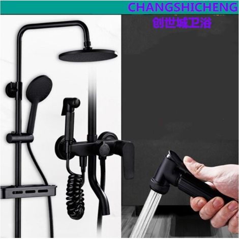 All-copper faucet bathroom shower set, surface-mounted, three-outlet, height-adjustable, pressurized shower head - black lacquered square overhead shower set