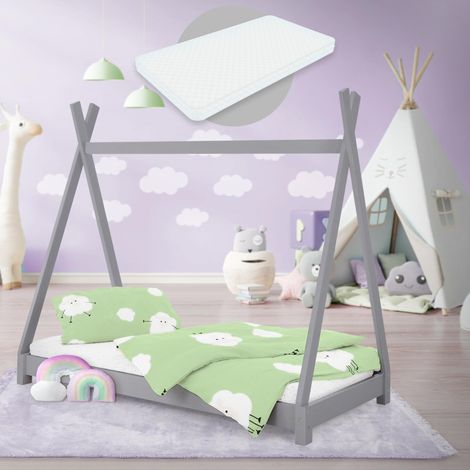 ML-Design Cama Infantil Tipi Gris Claro 80x160 cm con Colchón de Espuma Fría y Somier de Listones, Cuna de Suelo Juvenil de Madera Maciza de Pino, Lecho para Niño y Bebé, Casa Tienda de Campaña Juego (1/5)