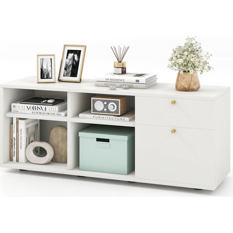 Cassettiera con 2 cassetti, 4 cubi, 108 x 39 x 50 cm, piedini regolabili, vetrina bassa indipendente, tavolo consolle, per ufficio, soggiorno, camera da letto, bianco (1/5)