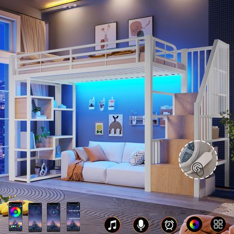 Cama alta 90x200 cm con estructura de hierro, estante y escalones integrados, cama litera infantil con barandilla de seguridad, escalera y tira LED – espacio abierto bajo la cama, colchón no incluido (1/5)