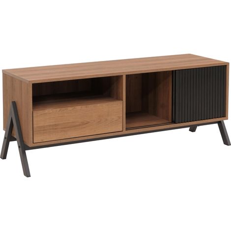 TV-Rack HHG-051, Lowboard TV-Schrank Schiebetür Staufächer Schublade, MDF Metall Melamin 49x120x40cm natur