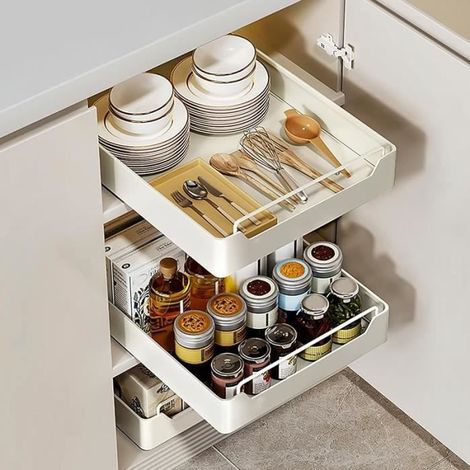 Organiseur d'armoire coulissant, étagères rangement coulissantes pour armoire cuisine, plateau de rangement extractible 30437cm (1/4)