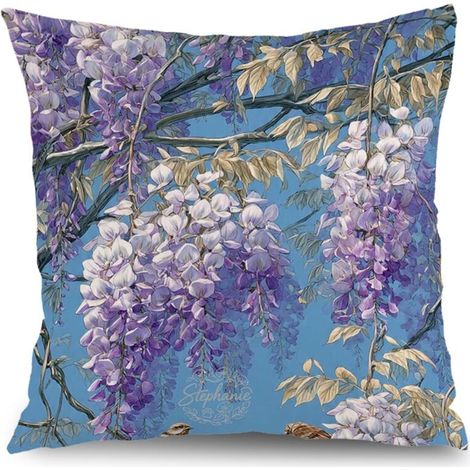 Housse de coussin feuilles fleurs bleu rose jaune, décoration salon canapé,50×50cm (1/5)
