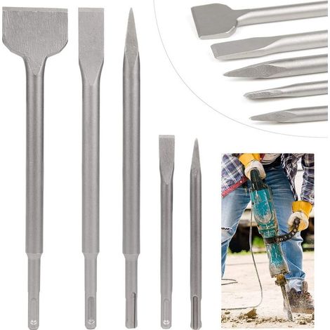 SDS Chisel Lot de 5 burins avec 2 burins pointus et 3 burins plats Outil de forage pour béton