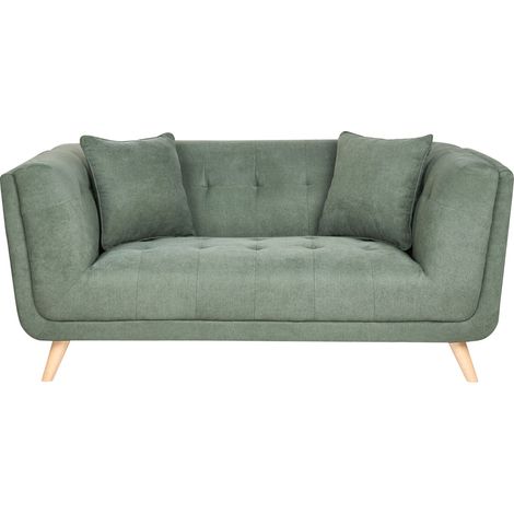 Divano a 2 posti in tessuto con cuscini decorativi, gambe in legno e trapuntatura decorativa verde Habo (1/5)