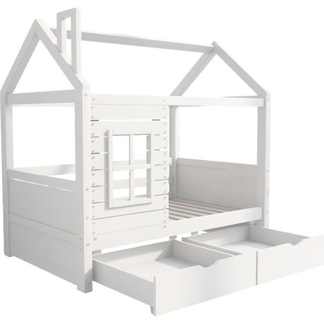 Lit cabane enfant 80x160 avec barrière, bois de pin blanc, sommier et tiroirs (1/5)