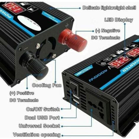 Convertisseur 12V 220V pur sinus 300W – Écran LED – 2 prises EU et 1 port USB – Protection contre surcharges et courts-circuits (1/4)