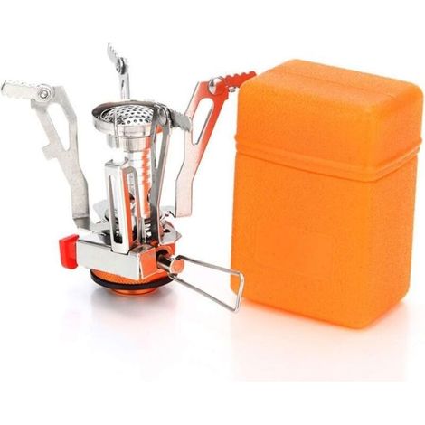Portable camping stove with piezoelectric ignition and stable stand, ideal for outdoor cooking and camping. (1/5)