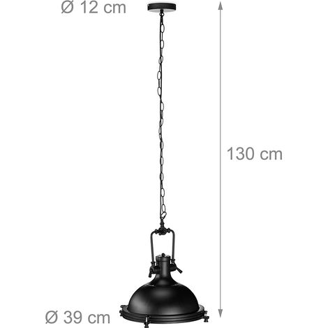 Lampe à suspension style industriel fer verre opale luminaire plafond abat jour rond noir