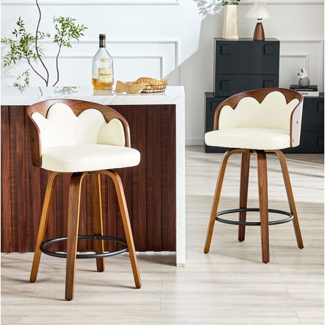 Juego de 2 taburetes de bar blancos con respaldo floral, madera curvada y reposapiés (1/5)